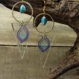 Boucles d’oreilles plume de paon et turquoise