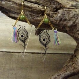 Boucles d’oreilles plume de paon et jade
