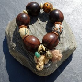 Bracelet bois de kamagong céramique corne bronze éléphant sculpté